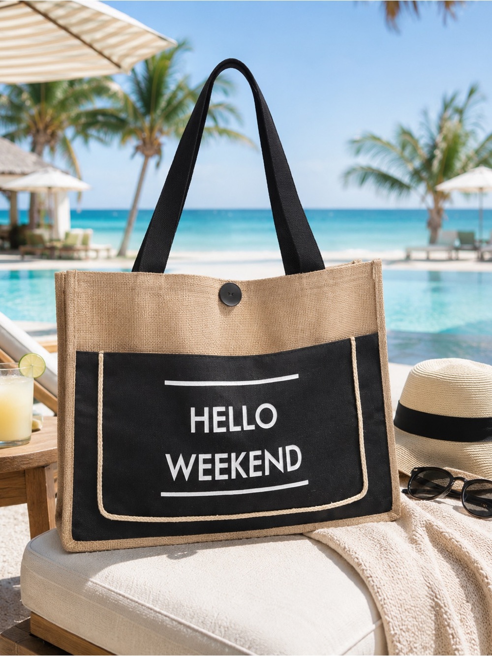 NWT Hello Weekend Burlap Tote Bag | Black & Natural Beach Tote